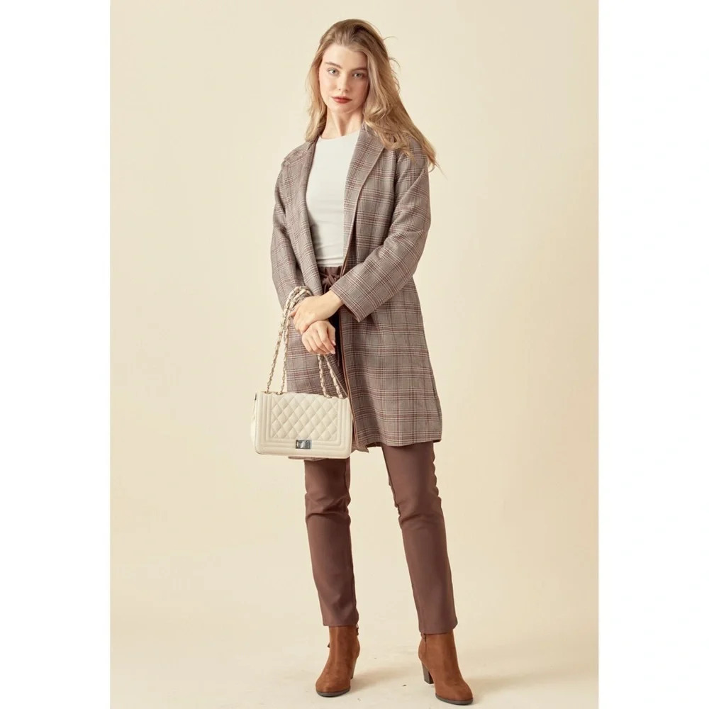 Papaya Plaid Open Front Tan Neutral Coat for Fall Size Medium